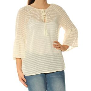 KENSIE Womens Ivory Textured Striped Bell Sleeve Keyhole Top Size: S